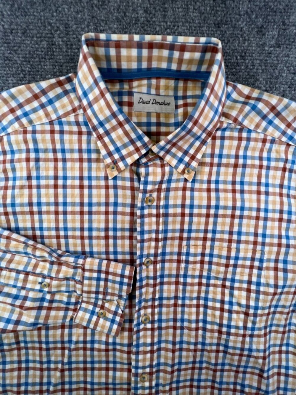 David Donahue Shirt Adult Large Button Up Blue Brown Yellow Check Long Sleeve